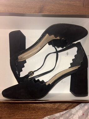 Audrey Brooke Black Scallop-Edge Block Heel Pumps with Ankle Tie